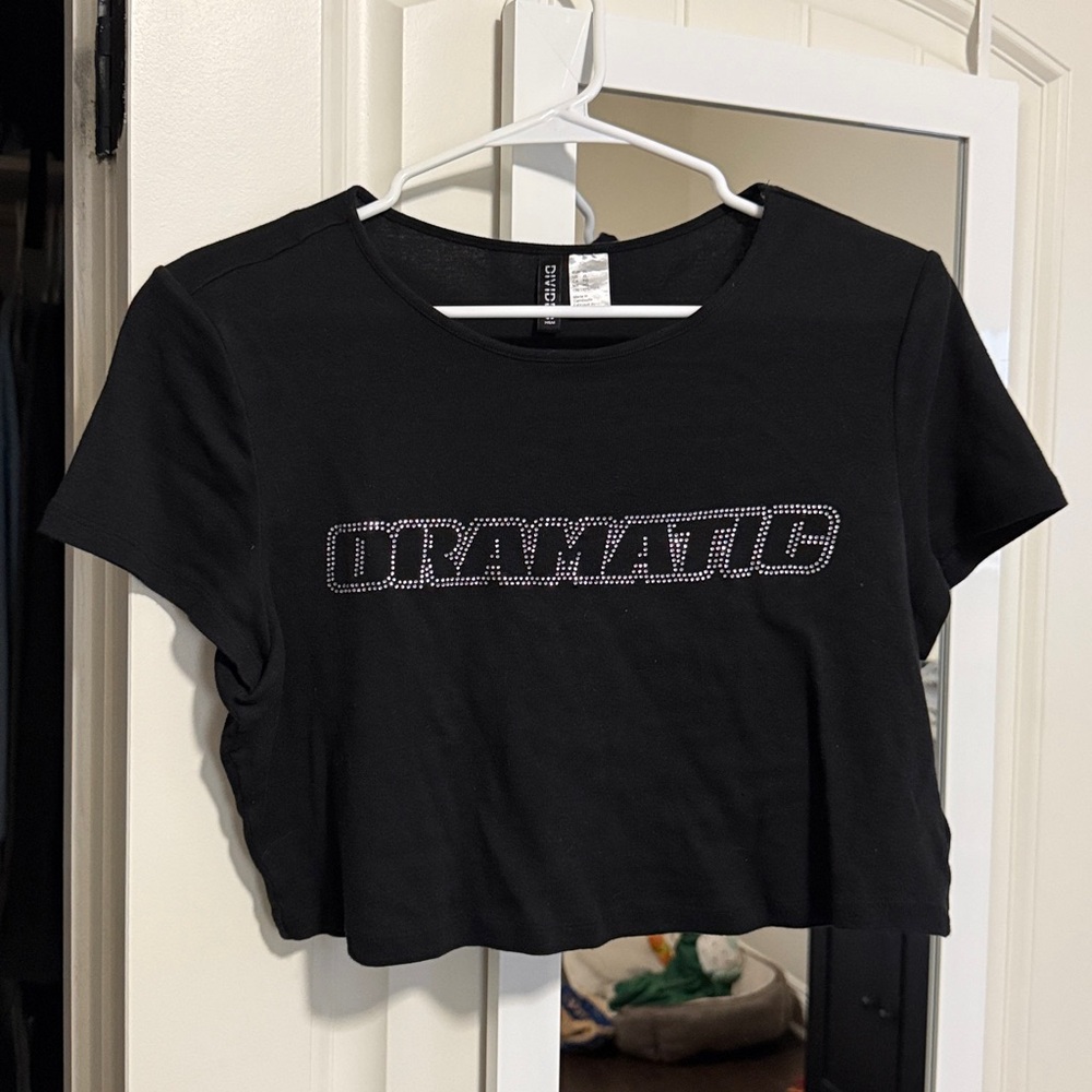 H&M Black Crop Top with Rhinestone “DRAMATIC” Detail